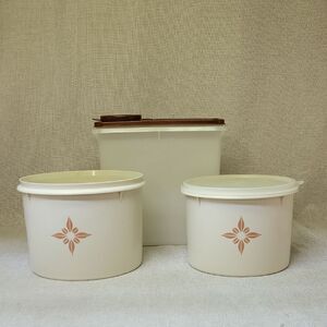 VINTAGE TUPPERWARE Cereal Keeper W/Brown Lid,2 Almond Starburst Canisters